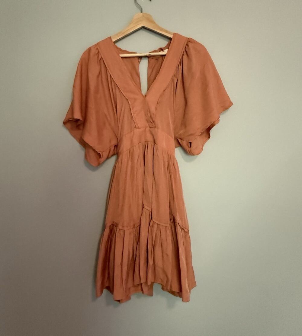 Mustard Seed Orange Solid V-Neck BoHo Festival Flutter Sleeve Tie Waist Dress